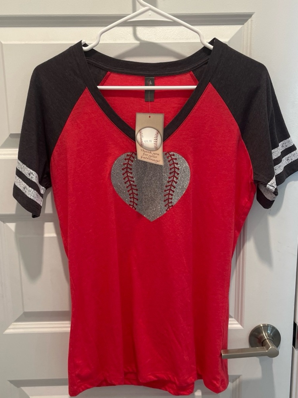 Women's Red Baseball Heart Raglan Tee with Black Sleeves